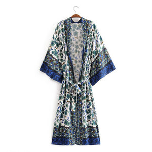 Kimono long femme fleuri bleu | Hana no chikaku