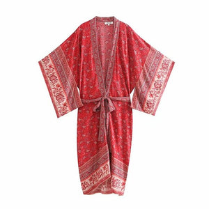 Kimono long femme fleuri rouge | Chīsana hana