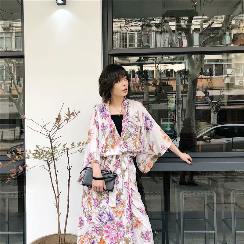 Kimono long femme fleuri blanc | Nettai no hana