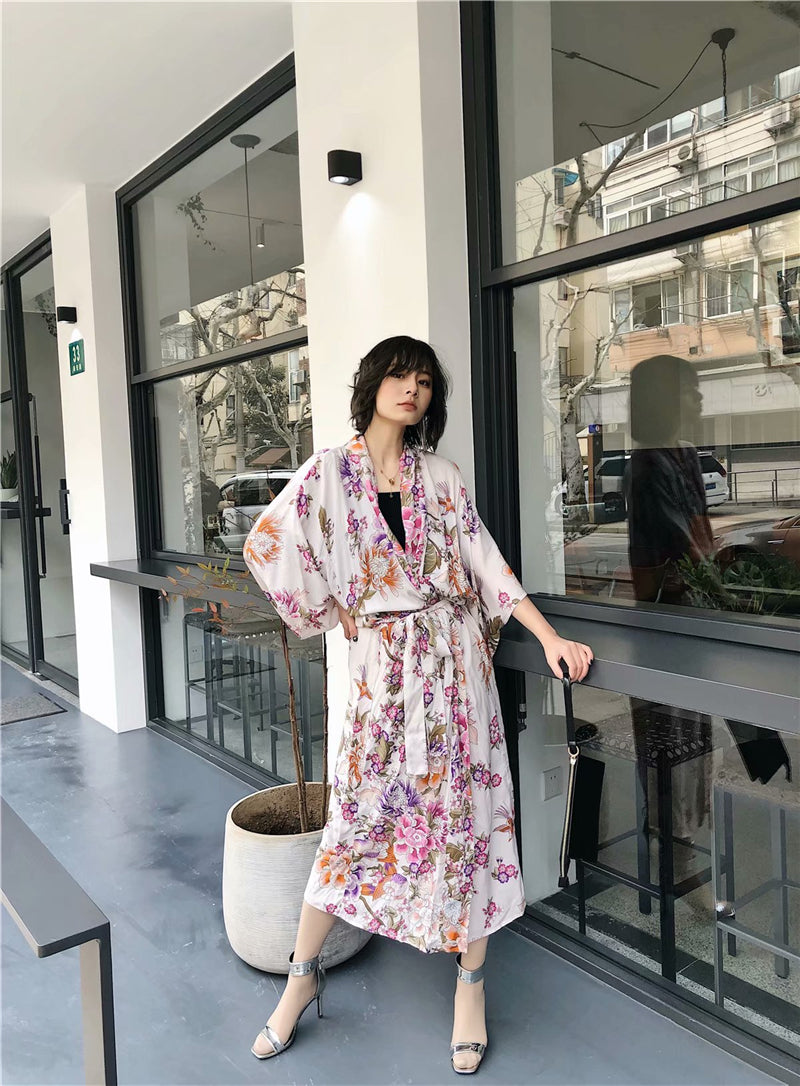 Kimono long femme fleuri blanc | Nettai no hana
