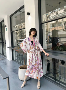 Kimono long femme fleuri blanc | Nettai no hana