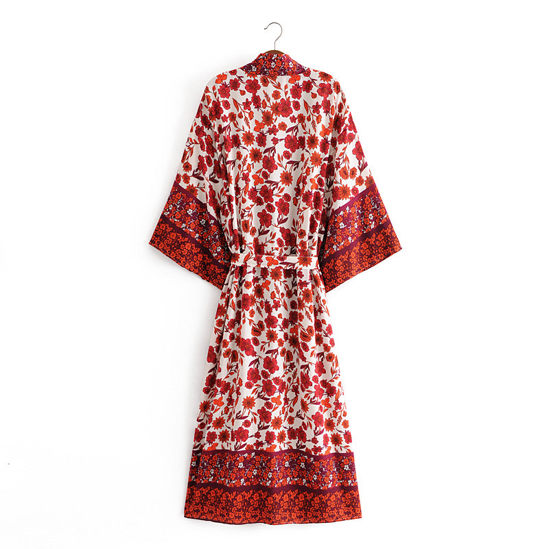 Kimono long femme fleuri rouge | Hana no chikaku