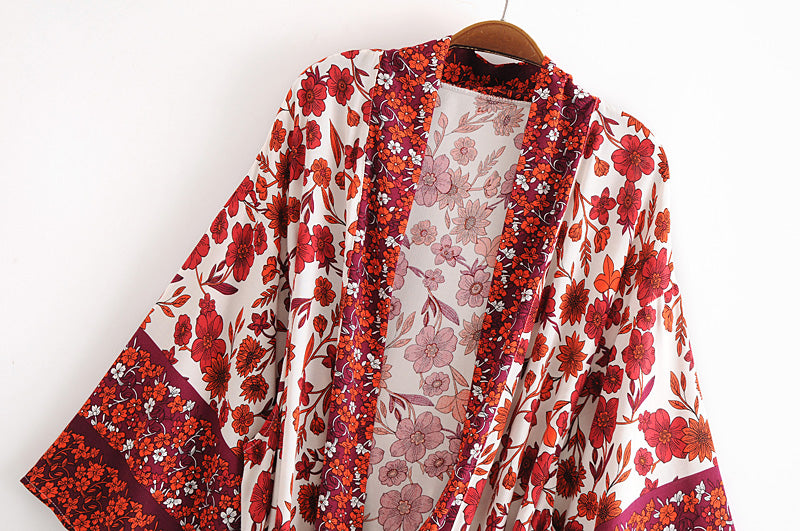 Kimono long femme fleuri rouge | Hana no chikaku