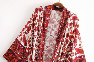 Kimono long femme fleuri rouge | Hana no chikaku