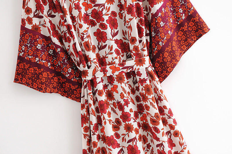 Kimono long femme fleuri rouge | Hana no chikaku