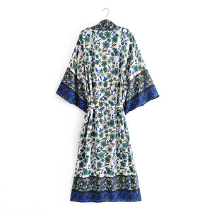 Kimono long femme fleuri bleu | Hana no chikaku