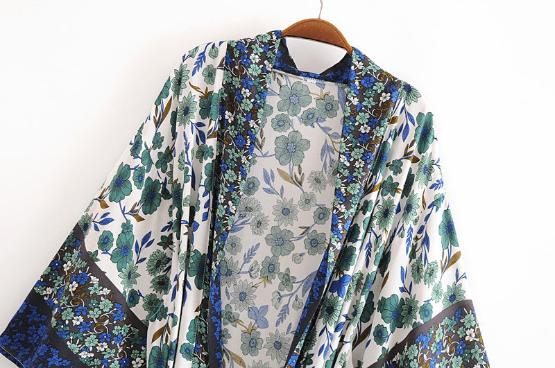 Kimono long femme fleuri bleu | Hana no chikaku