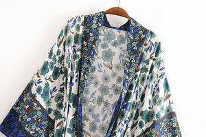 Kimono long femme fleuri bleu | Hana no chikaku
