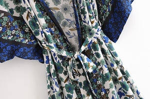 Kimono long femme fleuri bleu | Hana no chikaku