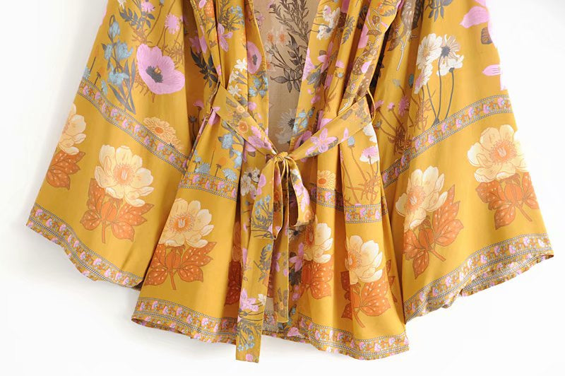 Kimono court femme bohème jaune | Kyūkan