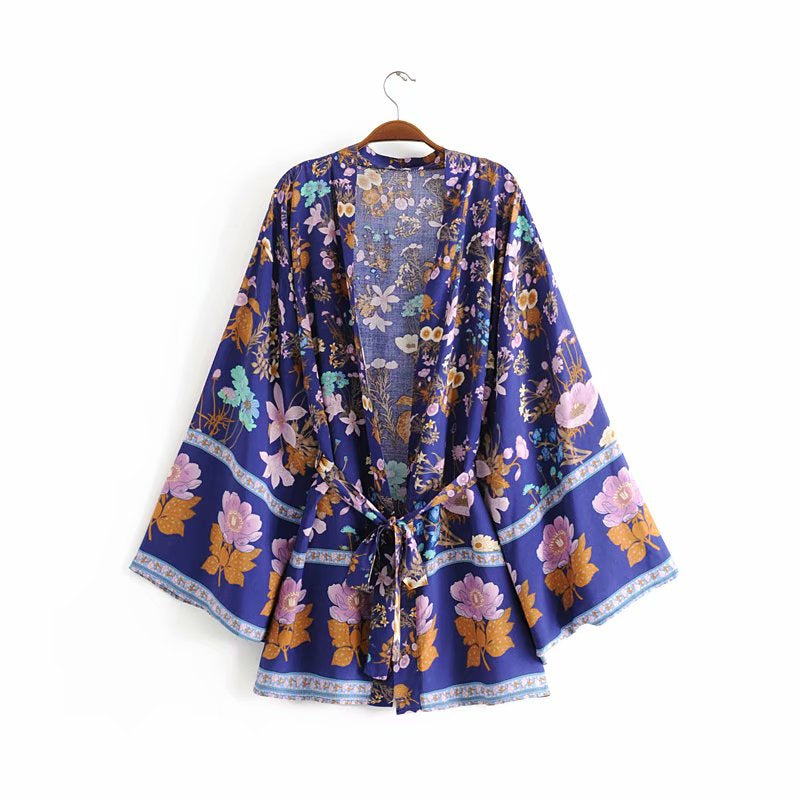 Kimono court femme bohème bleu | Kyūkan