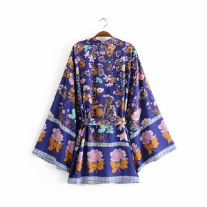 Kimono court femme bohème bleu | Kyūkan