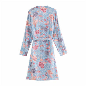 Kimono long femme fleuri bleu | Hanabira