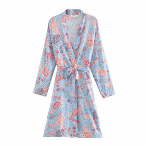 Kimono long femme fleuri bleu | Hanabira