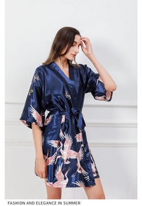 Kimono de nuit satin femme bleu | Furamingo